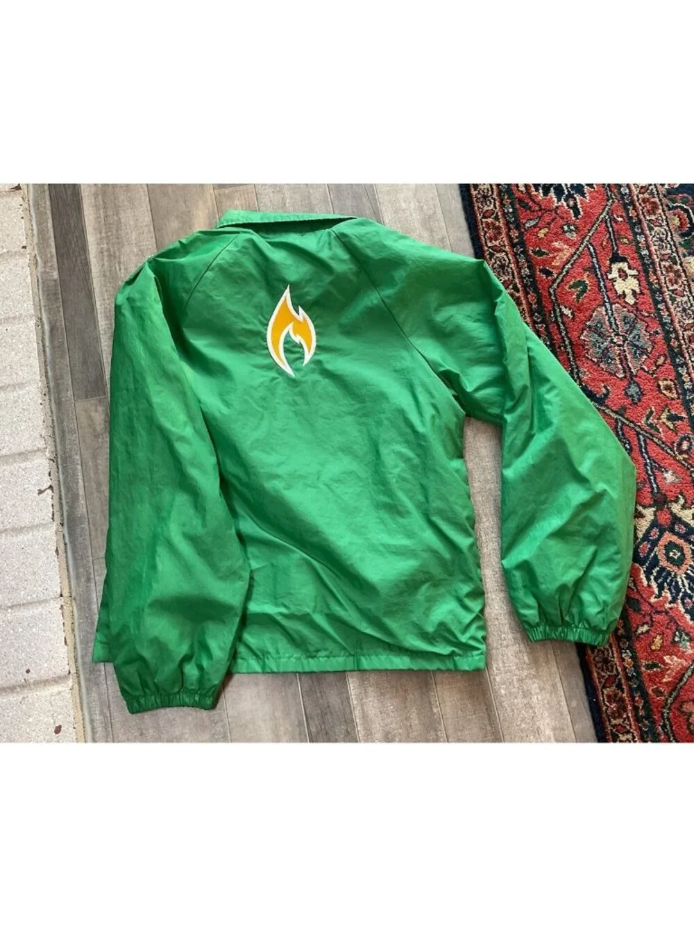 Vintage 1980s Green Satin Trucker Flame Logo Jacket Green Yellow Auburn Sports S